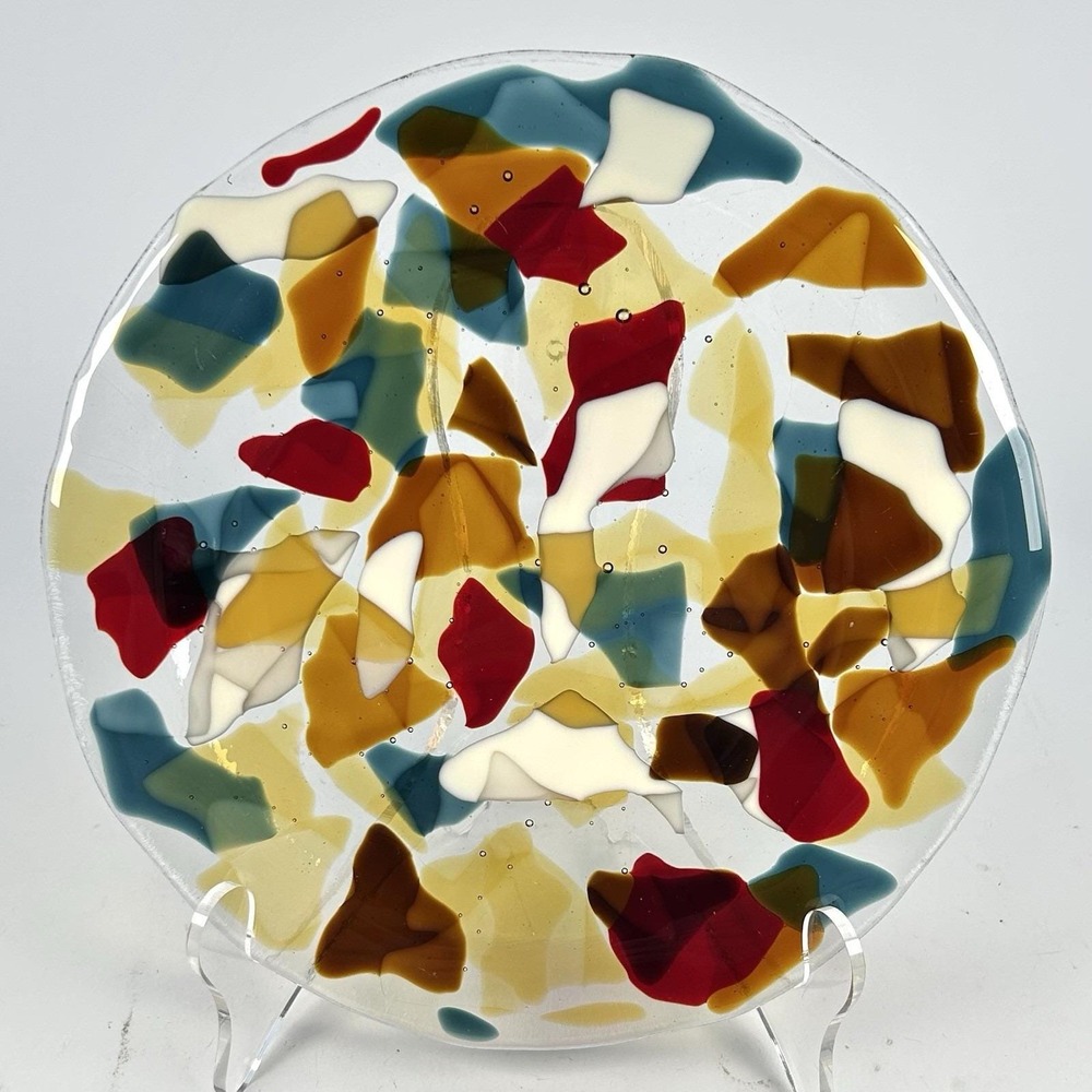 Higgins Attributed Fused Art Glass 10" Mosaic Plate Multicolor MCM Style